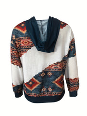 Women's Aztec Print Drawstring Hoodie with Kangaroo Pocket, Long Sleeve