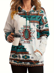 Western Ethnic Print Kangaroo Pocket Hoodie, Casual Long Sleeve Drawstring Hoodies Sweatshirt, Women's Clothing