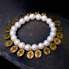 Retro Style Saint Jesus Mary Medals Cross Pearl Bracelet