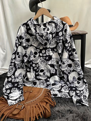 Women's Spooky Skull Print Hoodie with Kangaroo Pocket, Long Sleeve – Perfect for Halloween, Soft and Cozy
