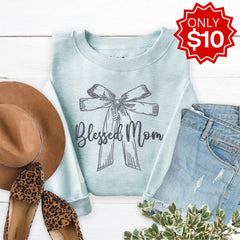 Blessed Mom Bow Embroidered Crewneck Sweatshirt
