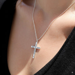 Men’s Stainless Steel Stars & Stripes Cross Necklace with John 19:30 Scripture