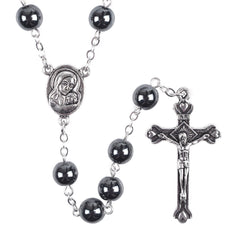 Madonna and Child & Crucifix of 8 mm Round Black Hematite Alloy Chain Rosary