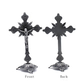 Vintage Metal Crucifix Desktop Ornament Antique Style Cross Stand Religious Decor for Home Office