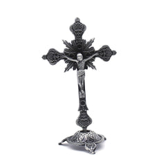 Vintage Metal Crucifix Desktop Ornament Antique Style Cross Stand Religious Decor for Home Office