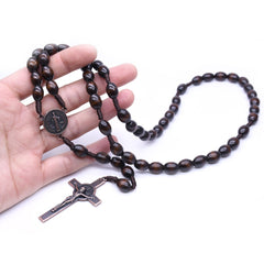 Brown Wooden Rosary Necklace – Rice-Shaped Beads with Antique Copper Cross