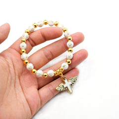 Angel Cross Rosary Bracelet – Gold Beads with Rose Design