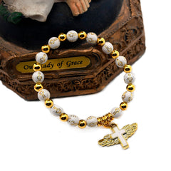 Angel Cross Rosary Bracelet – Gold Beads with Rose Design