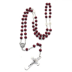 St. Benedict Burgundy Wooden Rosary Necklace – Handcrafted Cross