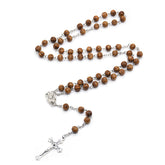 Carved Pine Wood Rosary Necklace – Evil Eye Beads with Cross