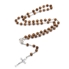 Carved Pine Wood Rosary Necklace – Evil Eye Beads with Cross