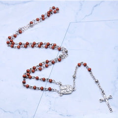 Mini Brown Wooden Rosary Necklace – Dove & Cross with Gift Box