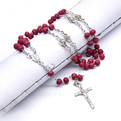 Burgundy Rose Scented Rosary Necklace – Virgin Mary & Cross