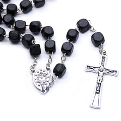 Black Wooden Rosary Necklace – Square Beads with Cross Pendant