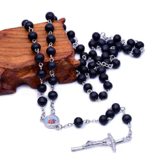 Black Wooden Rosary Necklace – Handcrafted Cross Beaded Chain