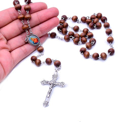 Brown Wooden Rosary Necklace – Handcrafted Cross Beaded Chain