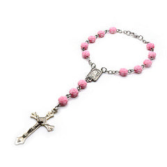 Pink Rose Rosary Bracelet – Cross Beads (Car Charm)