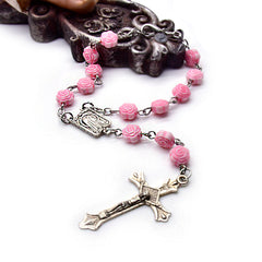 Pink Rose Rosary Bracelet – Cross Beads (Car Charm)