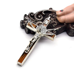 Vintage Wood-Look Cross Pendant – Metal Crucifix Hanging Charm