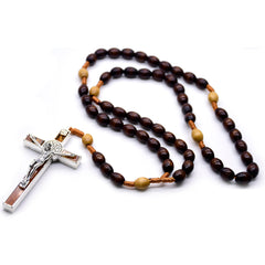 Dark Brown Wooden Rosary Necklace – Rice-Shaped Beads with Cross
