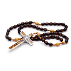Dark Brown Wooden Rosary Necklace – Rice-Shaped Beads with Cross