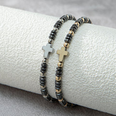 2pcs Cross Decor Beaded Stackable Hematite Bracelet