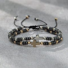 2pcs Cross Decor Beaded Stackable Hematite Bracelet