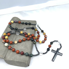 Hematite Cross Pendant Natural Stone Mix Christian Rosary