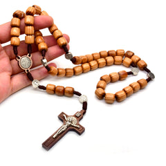 Pine Wood Cylinder Rosary Necklace – Handcrafted Cross with Cord