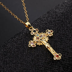 Fresh Pastoral Style Crucifix with Biblical Colorful Gemstones Pendant Necklace