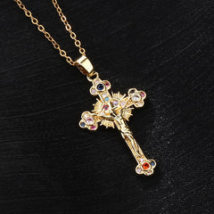 Fresh Pastoral Style Crucifix with Biblical Colorful Gemstones Pendant Necklace