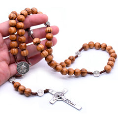 Catholic Pine Wood Rosary Necklace – Handcrafted Beads with Cross Pendant