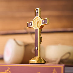 European Classical Traditional Wood Inlaid Alloy St. Benedict Cross Ornament