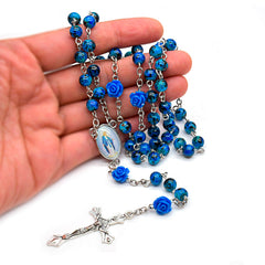 Catholic Blue Rosary Necklace – 6mm Enamel Beads with Cross & Rose Medals