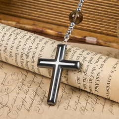 Natural Obsidian Tiger's Eye Rosary Necklace - Hematite Stone Cross Protection Rosary