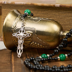 St. Benedict & Crucifix of 8mm Obsidian & Jade Bead Rosary - Faith and Sacred Connection