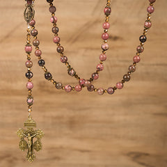 Vintage-Inspired Rosary with Pink Rhodonite - Journey with Christ