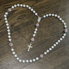Our Lady of Guadalupe & Crucifix of 10mm Round White Rhinestone Alloy Chain Rosary