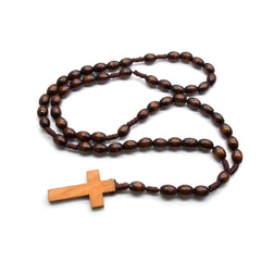 Vintage Wooden Rosary Necklace – Handcrafted Brown Rice-Shaped Beads