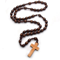 Vintage Wooden Rosary Necklace – Handcrafted Brown Rice-Shaped Beads
