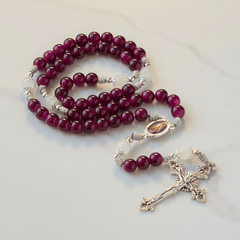Divine Mercy & Crucifix of 8mm Garnet Chalcedony Rosary - Handmade Divine Beads