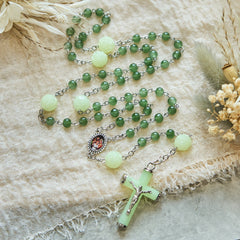 Jade & Luminous Rose Our Father Beads Glowing Faith Rosary: A Divine Companion