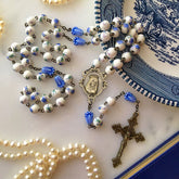 Immaculate Heart of Mary & Crucifix of 8 mm Round Blue Floral Acrylic Alloy Chain Rosary