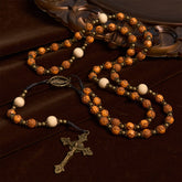 Exquisite Wooden Rose Beads with Bronze Crucifix & Miraculous Medal Rosary