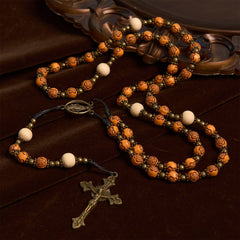 Exquisite Wooden Rose Beads with Bronze Crucifix & Miraculous Medal Rosary