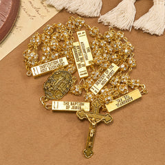 Our Lady of Fátima & Crucifix of 8 mm Round Golden Metal Gems Alloy Chain Rosary