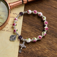 Multi-color Floral Ceramic Stretch Bracelet with Miraculous Medal & Crucifix: Subtle Faith Elegance