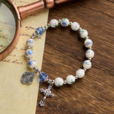 Multi-color Floral Ceramic Stretch Bracelet with Miraculous Medal & Crucifix: Subtle Faith Elegance