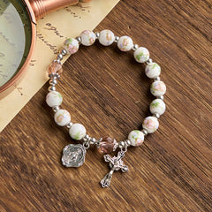 Multi-color Floral Ceramic Stretch Bracelet with Miraculous Medal & Crucifix: Subtle Faith Elegance