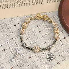 Artistically Sculpted 10mm White Rose Bead Rosary Bracelet with Crucifix